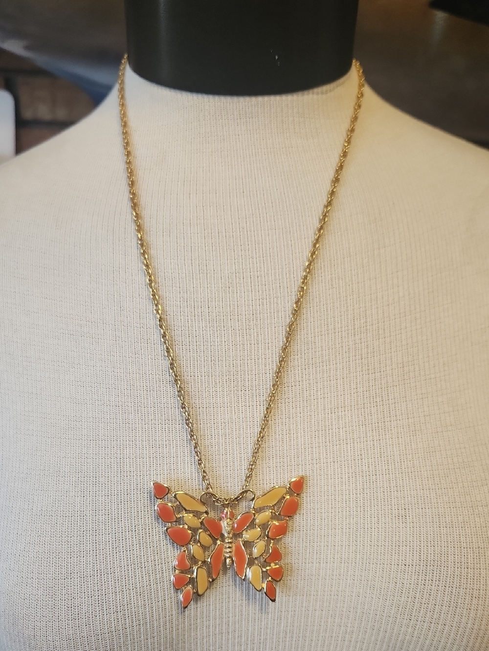 Butterfly Pendant Orange And Yellow Enamel Goldtone Chain Necklace 70's Hippie